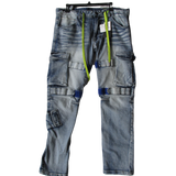 sipandshopboutique Buy our men's blue jean denim cargo jeans with a distressed washed look, side pockets, and yellow green neon detail. 