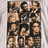 Men's Black Power Graphic T-Shirt featuring prominent powerful african-american legends such as Malcolm X and Martin Luther King MLK